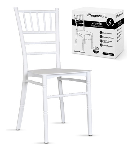 Magma Life Set De 4 Sillas Apilables Tiffany Para Eventos Ó Comedor Sillas Perfectas para Interiores y Exteriores ¡Ideales para Ocasiones Especiales, Eventos u Hogar! (Blanco)