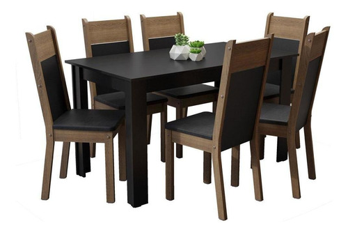 Sala Jantar Madesa Medelin Mesa Tampo Madeira 6 Cadeiras Prs Cor Preto/Rustic/Sint Preto MDJA060017D8PT