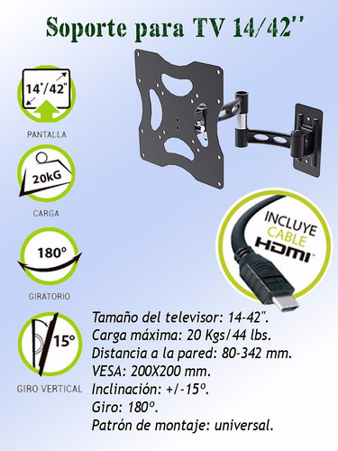 Soporte Tv Led Lcd Microcase Brazo Movil 180 14/42 PuLG Hdmi