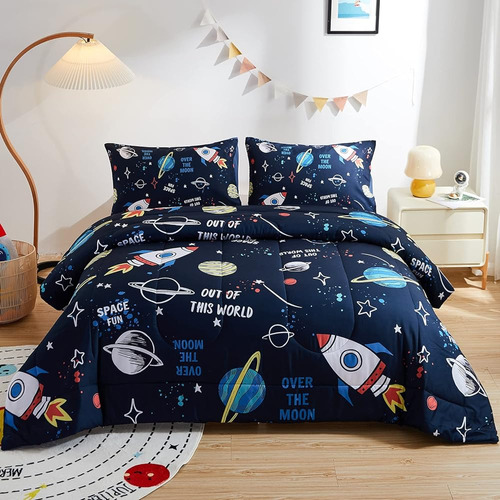 Beeweed 2 Piece Kid Comforter Set Twin Size, Space Rocket Be