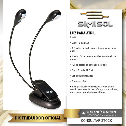 Imagen 2 de 5 de Luz Led P/ Atril Libros O Notebook Stagg 4 Luces Pilas O Usb