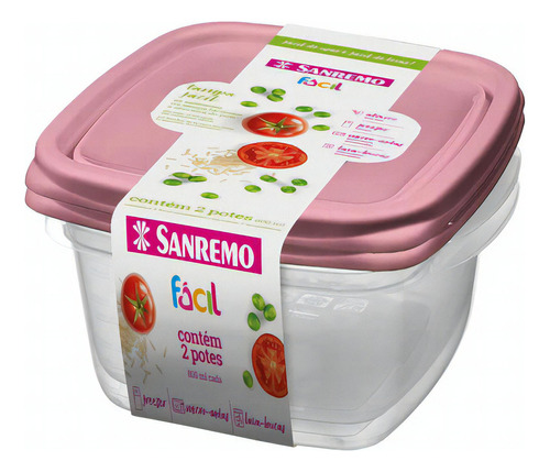 Conjunto De Potes Plasticos Quadrados Fácil Rosa 800ml 2pçs 