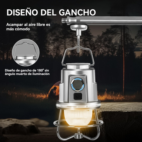 Mazoom E-2389 Luz De Ambiente Portátil Para Camping Retro Carga Tipo-c Tres Modos De Luz Con Gancho Metálico Con Soporte Ipx4 Impermeable Usb Carga Inversa