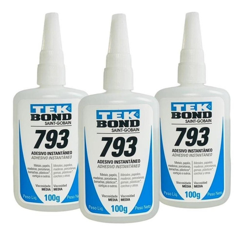 Kit 3 Cola Adesivo Instantaneo Tek Bond 793 100g