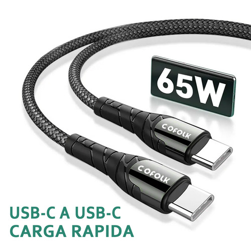 Imagen 2 de 5 de Cable De Carga 2 Metros De Usb C A Usb C Pd 65 Watts Cofolk