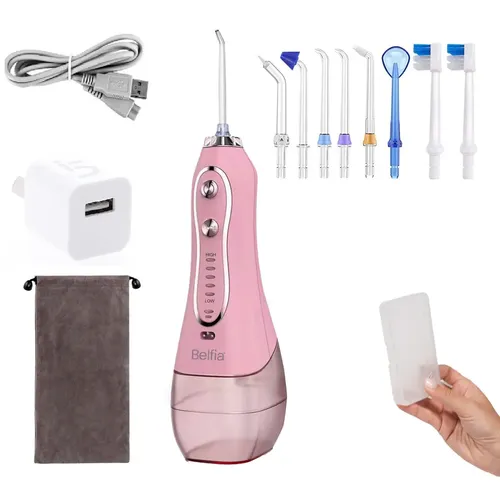 Irrigador Bucal Oral Ducha Dental Water Hf-6 Belfia Con 5 Niveles 8 Picos Usb Recargable 300 Ml De Agua Ideal Para Brackets Implantes Mal Aliente Cuidado De Encias