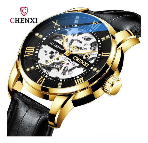 Reloj automático Chenxi Hollow Out Leather para hombre, color de fondo: negro dorado