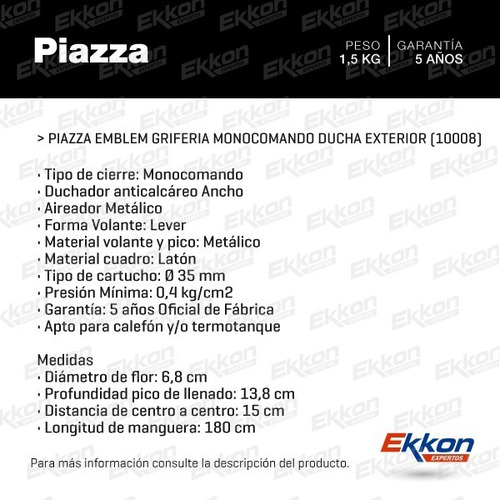 Grifería P/ Ducha Piazza Monocomando Exterior Emblem 10008