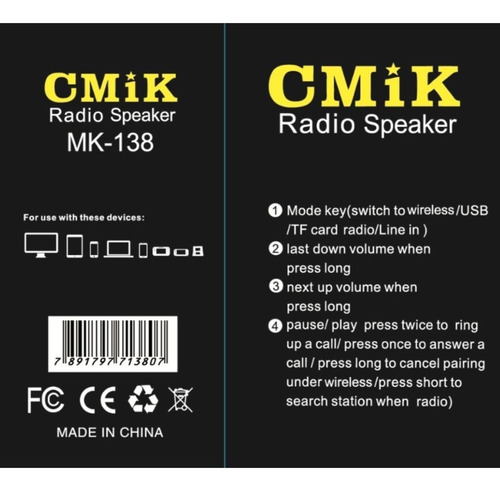Radio E Caixa De Som Portátil Com Bluetooth Mk-138 Cmik
