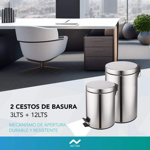 Set Tachos De Basura 3 Lts Y 12 Lts Acero Inoxidable Cestos