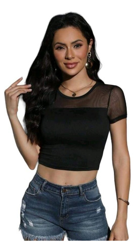 Camiseta Crop Negra Con Malla