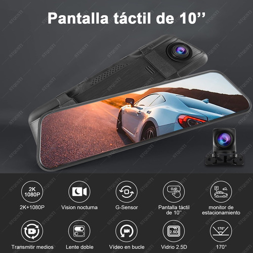 STQUSTI 2k Double Cámara Para Automóvil Pantalla Táctil 10'' Dashcam Stqusti Con Cámara De Visión Trasera