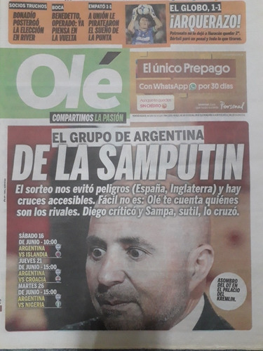 Diario Ole 2 Diciembre 2017 Argentina Sorteo Mundial Rusia