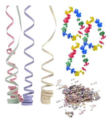 30 Serpentinas + 300 Gr De Confetes + 3 Colares Kit Carnaval