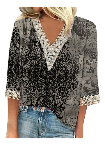 Blusa Moderna Con Estampado De Encaje Con Cuello En V Y Cuel