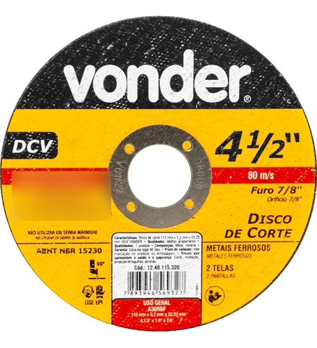 Disco De Corte 115mm X 3,2mm X 22,23mm Dcv Vonder