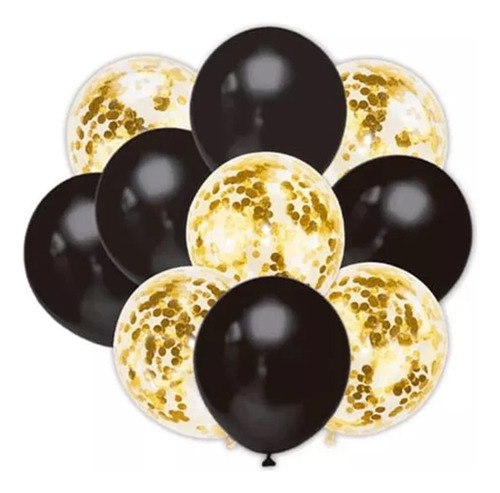 Set Globos Metálicos Bouquet Foil Confetti Premium 10 Uni Color Negro y Dorado