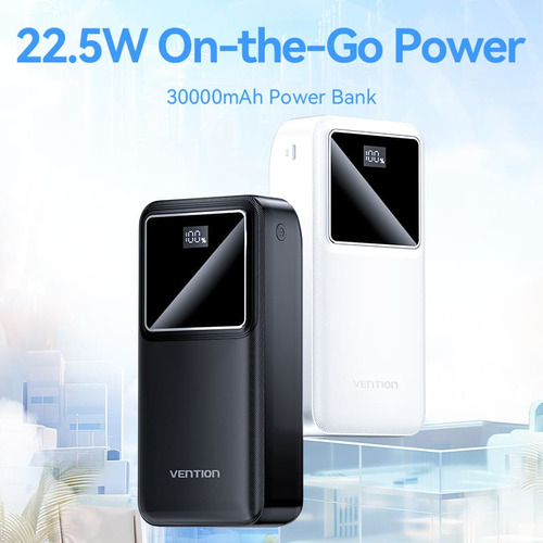 Power Bank Cargador Portatil Vention 30000mah - Bateria Carga Super Rapida 22w Con Pantalla - Conector Usb C + Usb X 2 - Color Negro - Para Celular iPhone / Samsung / Auriculares / Smartwatch - Fhmb0