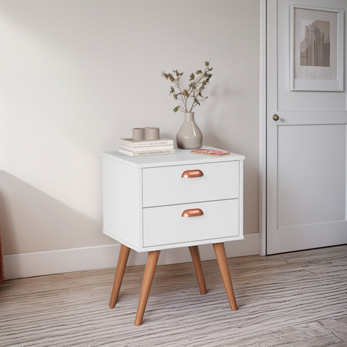 Mesa De Cabeceira 2 Gavetas Mudo Retro Pés Madeira Brilhante Branco
