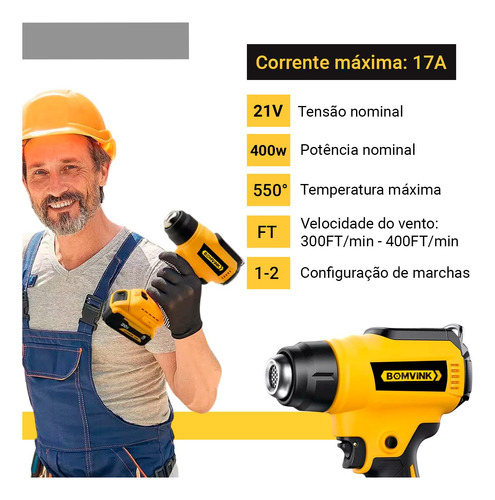 Soprador Termico Pistola De Ar Sem Fio 21v 400w 2 Baterias