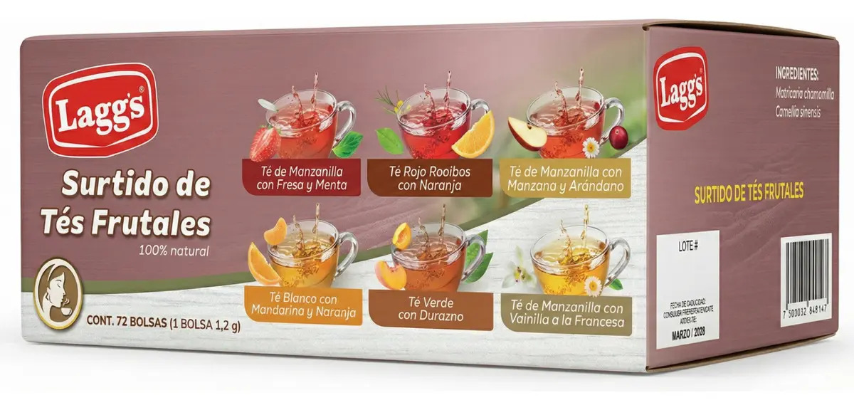 LAGG'S - Surtido de Tés Frutales 100% Natural 6 Sabores - Infusiones sin Cafeína para Disfrutar Caliente o Frío con Fresa, Menta, Mandarina, Naranja, Durazno y Arándano - 72 Sobres