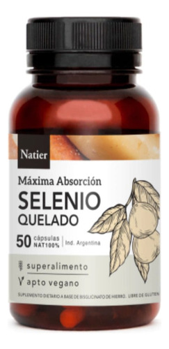 Natier Selenio Quelado Máxima Absorción Apto Vegano 50 Cap Sin Sabor