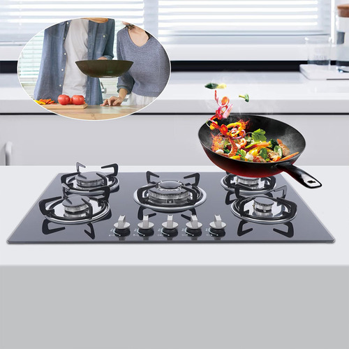 5 Quemadores Cristal Templado Mesa Parrilla Empotrable A Gas Color Negro