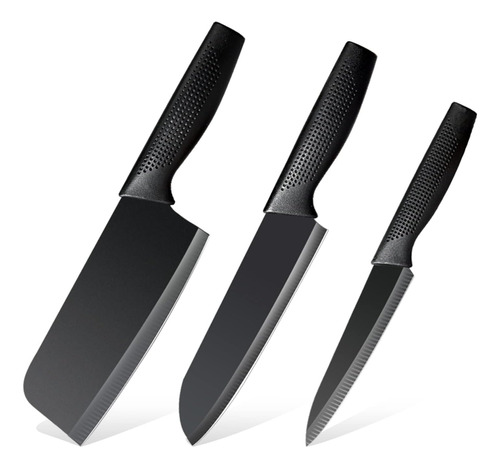 Juego De Tres   De Chef Santoku Negros Cocina Mango Erg...