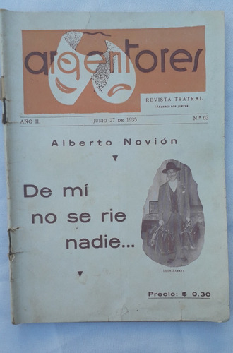 Revista Antigua ** Argentores ** N° 62 Año 1935 Teatro Actor