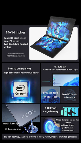Cuaderno Portátil Flip Touch 2 En 1 Con Doble Pantalla De 14