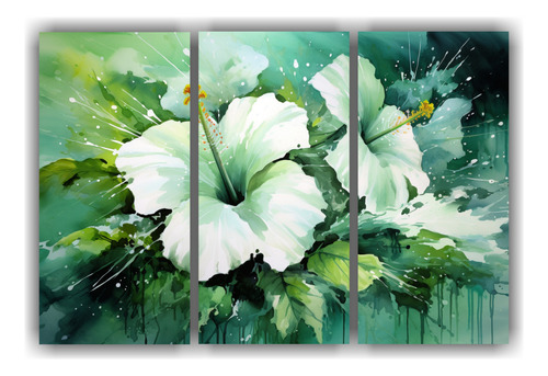 120x80cm Cuadros Abstractos De Hibiscos En Verde Y Blanco Pa