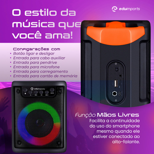 Caixa Caixinha de Som Bluetooth Portatil Radio Fm com Led Rgb Cor Preta Eduimports