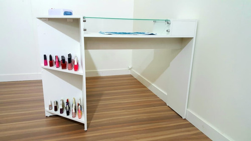 Mesa L Recepção Vidro Esmalteiro Atendimento Cor Branco