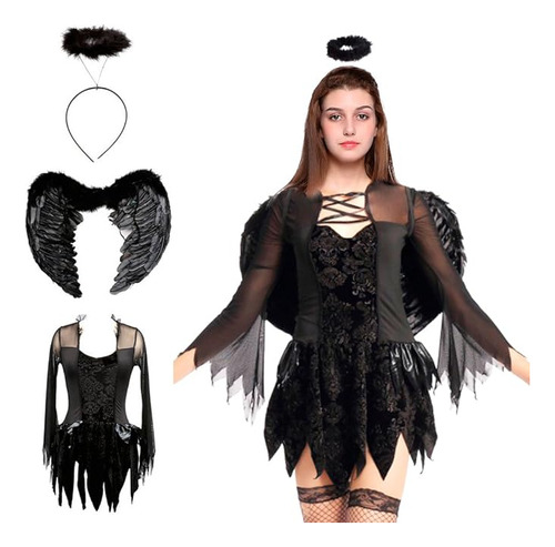 Disfraz Angel Caido Halloween Alas Plumas Negras Para Cospla