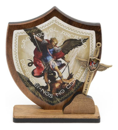 Oração De Mesa São Miguel Arcanjo Escudo Mad. Espada Adorno Cor Marrom-claro