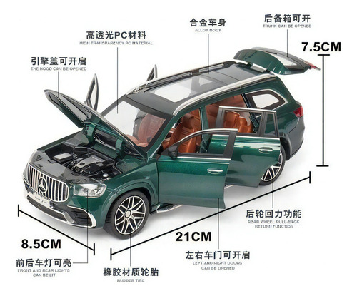 Miniatura De Metal 1:24 Mercedes Gls63 Amg Com Led E Som Cor Verde
