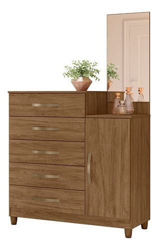 Comoda Cajonera 5 Cajones Puerta Espejo - 104x170x45 Lisboa Color Naturale