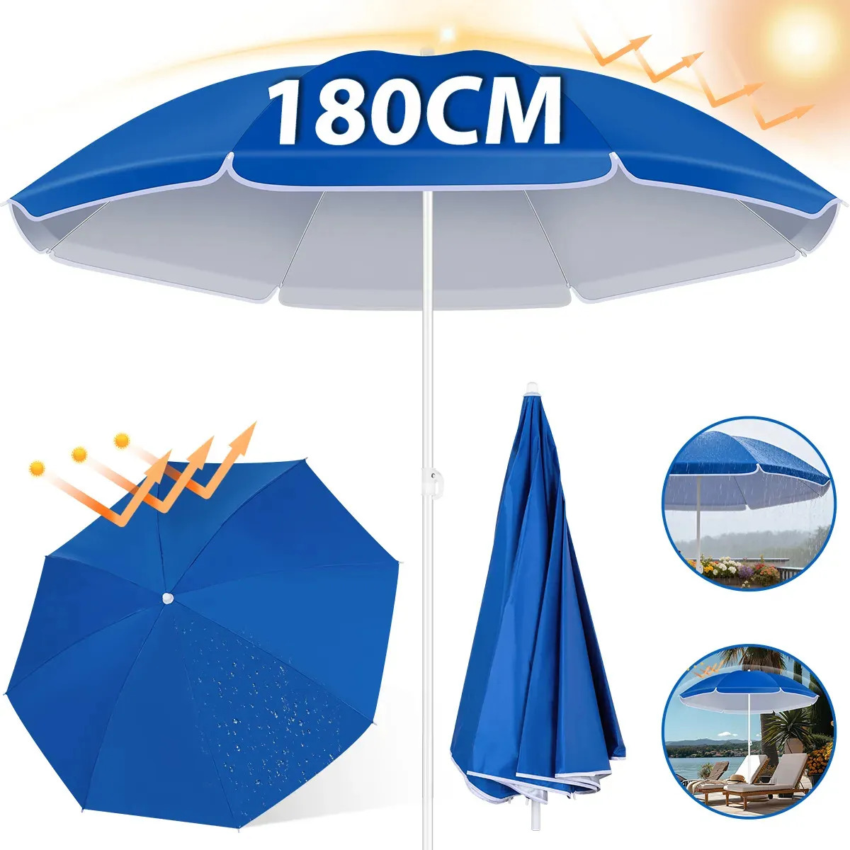 Sombrilla Central AKIOEK Azul de 1.8 m Con Protección UV para Jardín y Playa,sombrillas playa maparas,sombrilla de playa,sombrilla para playa sombrilla de playa portatil,sombrilla 
