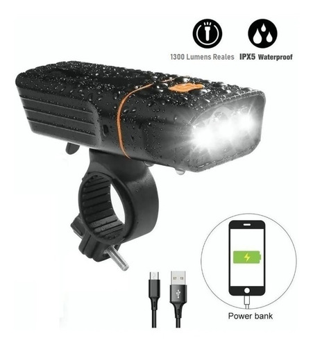Imagen 1 de 10 de Linterna Bicicleta Usb Potente 1300 Lum Y Power Bank Carga