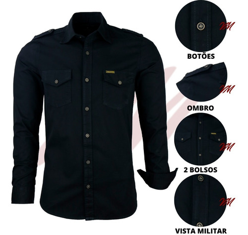 Kit 03 Camisas Masculina Slim Paris M Longa Estilo Militar