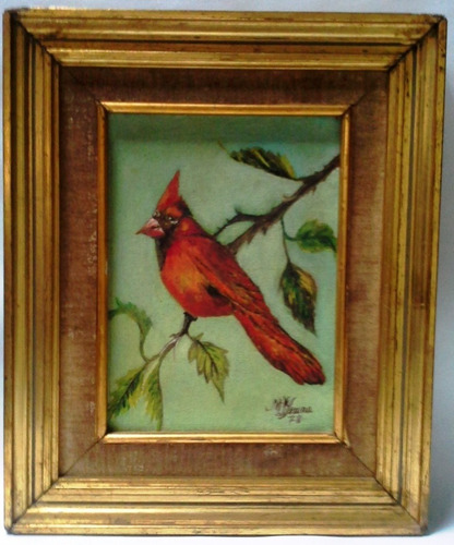 Cuadro Pintura Al Óleo Pájaro Cardenal Rojo En Rama (Usado)