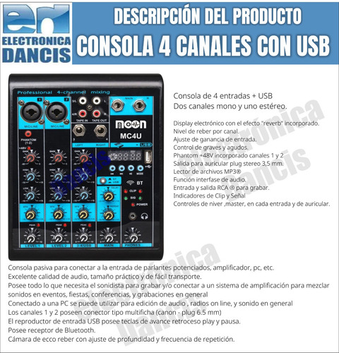 Consola Mixer 4 Entradas Bluetooth Usb Micrófonos By Dancis