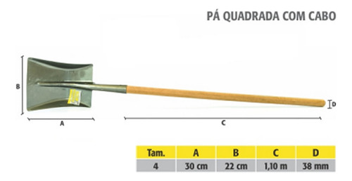 Pá Quadrada Cabo De Madeira Reforçada N°4 Construção Obra