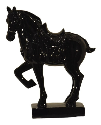 Escultura Cavalo Chinês Pequeno, Poliresina, Preto Brilhante