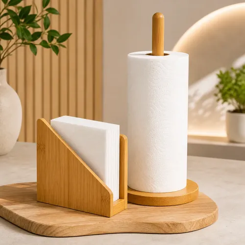 Kit Porta Guardanapo E Papel Toalha Bambu Rústico Suporte Bambu