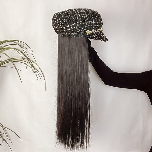 . Peluca Larga Y Recta For Mujer Con Gorra Negra
