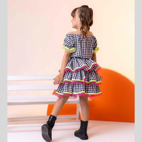 Conjunto Feminino Quadriculado Junino Babados 1 A 16 Anos Preto 1