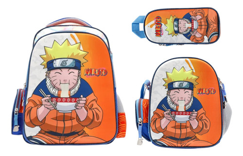 Kit Mochila Lonchera Lapicera Keepack Naruto Shippuden Ramen Azul Impresión