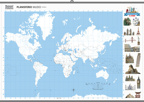 Mapa Planisferio Mudo - Varillado - Apto Marcador 130x90cm