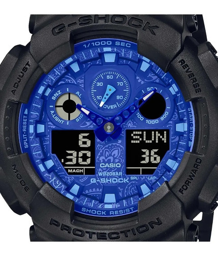 Reloj Casio G-shock Ga-100 Para Caballero E-watch Color Del Fondo Azul Color De La Correa Negro Color Del Bisel Negro